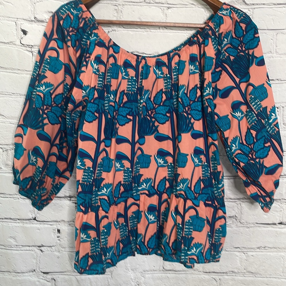 Anthropologie Blue Tassel Pink Blue Peplum Puff Sleeve Blouse Size Medium - Picture 5 of 13